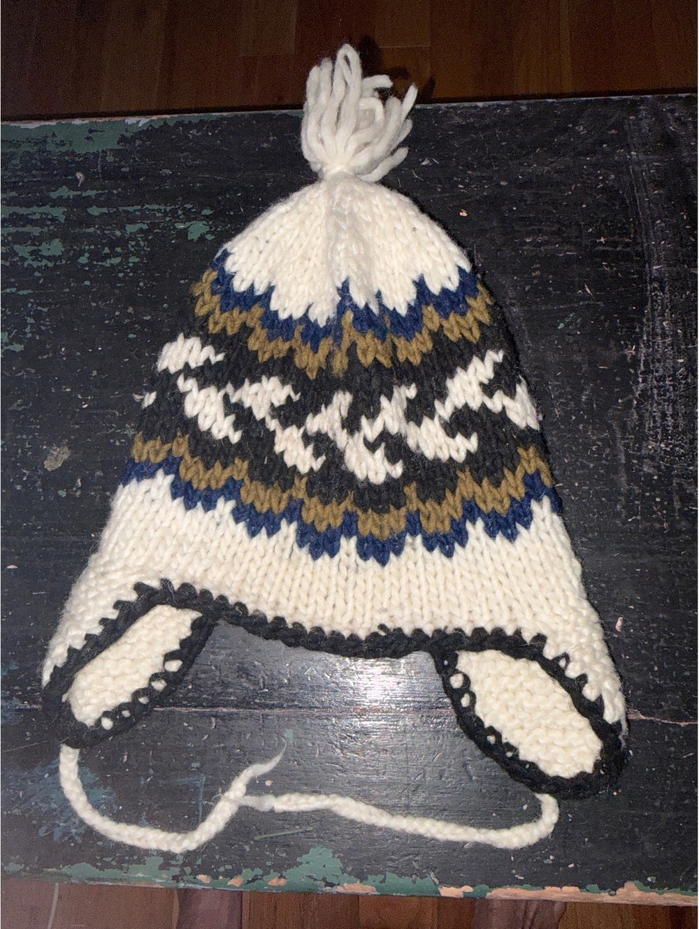 Hand Knit Earflap Pom Pom Winter Hat with Multicolor Pattern